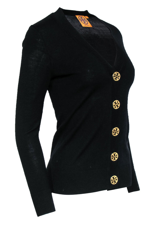 Tory Burch - Black Button-Up Merino Wool Cardigan w/ Gold Logo Buttons –  Current Boutique
