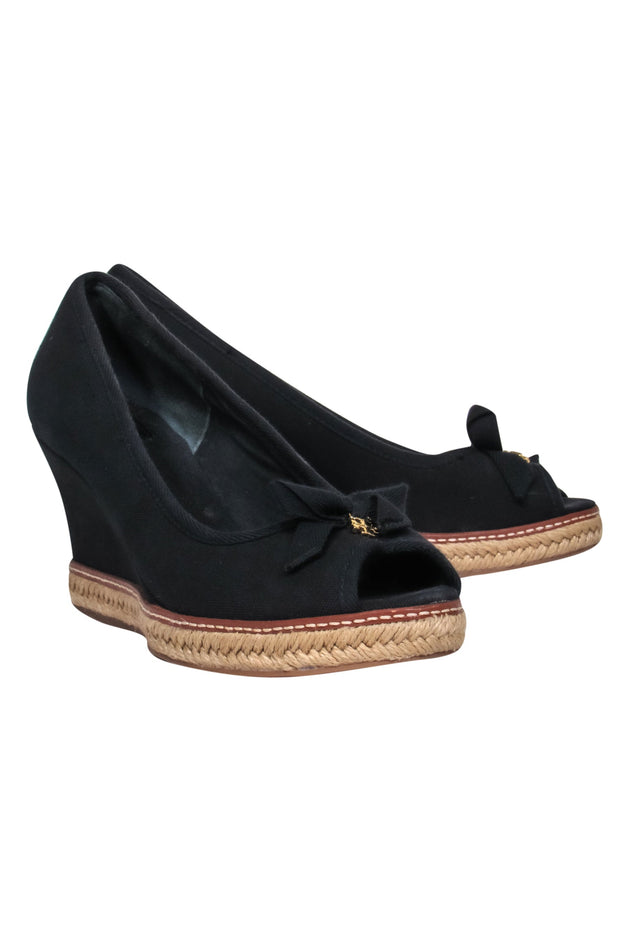 Tory Burch - Black Espadrille Peep Toe Wedges w/ Bow Sz 11 – Current  Boutique