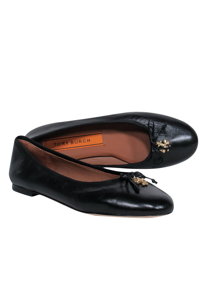 Tory Burch - Black Leather Ballet Flats w/ Bow & Gold Logo Charm Sz 8 –  Current Boutique