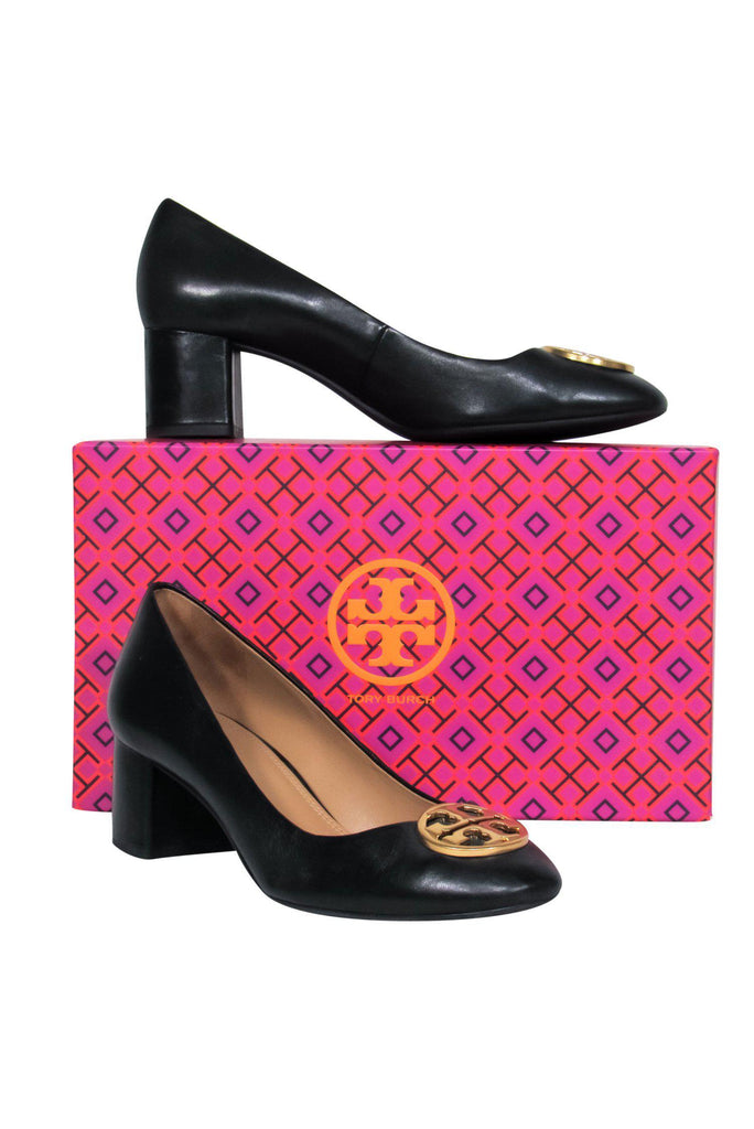 Tory Burch - Black Leather Block Heel Pumps w/ Logo Buckle Sz 9 – Current  Boutique