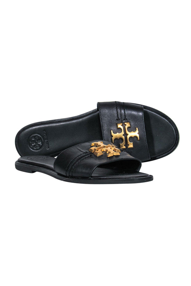 Tory Burch - Black Leather Slide Sandals w/ Gold-Toned Logo Sz 8 – Current  Boutique