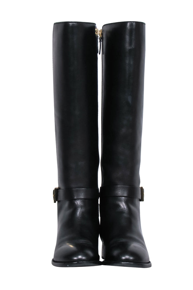 Tory Burch - Black Leather Tall Riding Boots w/ Gold-Toned Buckle Sz 6 –  Current Boutique