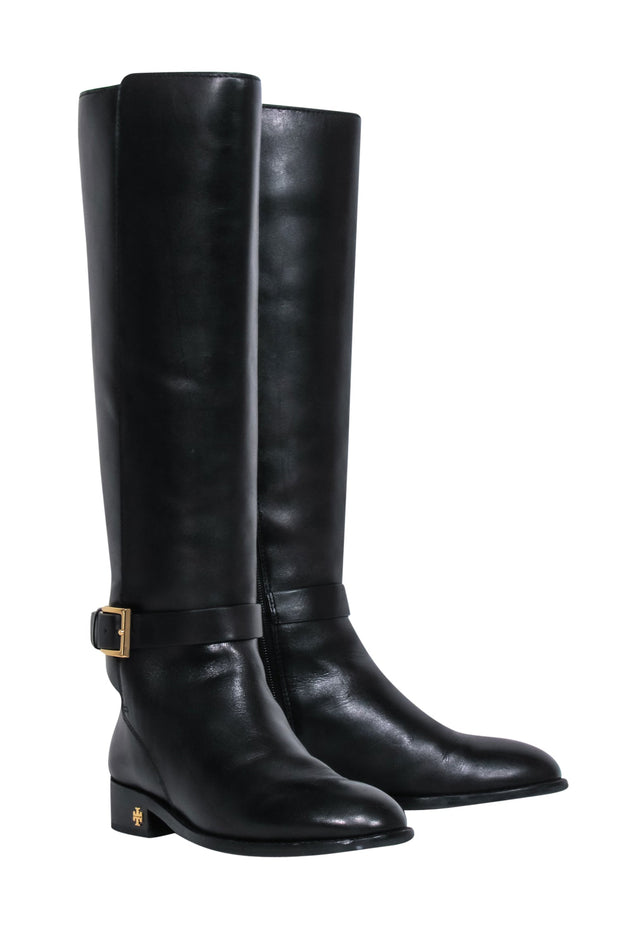 Tory Burch - Black Leather Tall Riding Boots w/ Gold-Toned Buckle Sz 6 –  Current Boutique