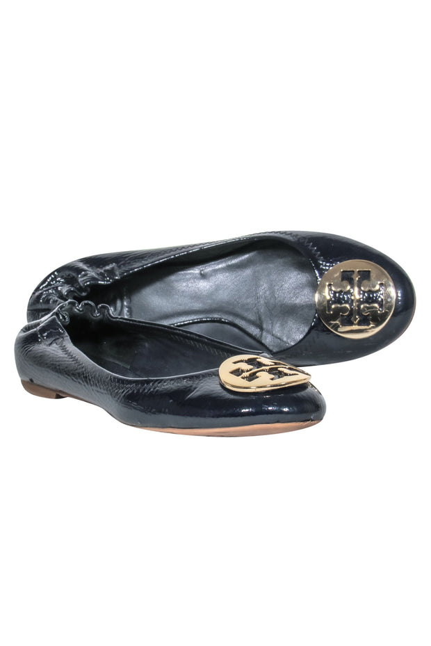 Tory Burch - Black Patent Leather Flats w/ Gold Logo Sz  – Current  Boutique