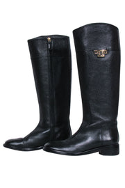 Tory Burch - Black Pebbled Leather Block Heel Riding Boots w/ Gold Log –  Current Boutique