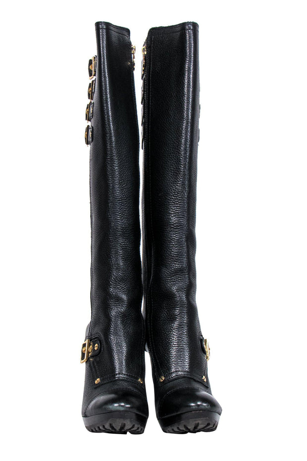Tory Burch - Black Pebbled Leather Knee High Boots w/ Gold Buckles Sz –  Current Boutique