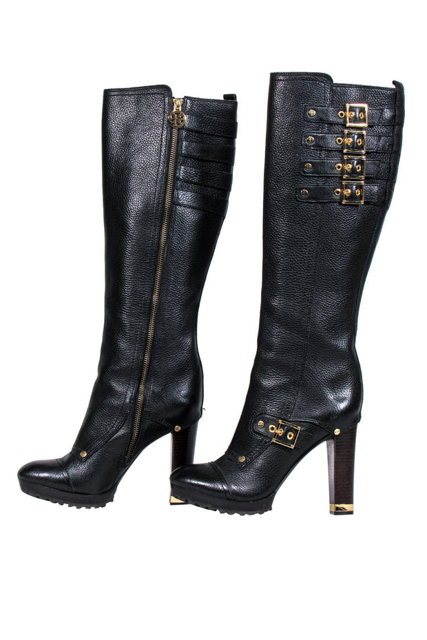 Tory Burch - Black Pebbled Leather Knee High Boots w/ Gold Buckles Sz –  Current Boutique