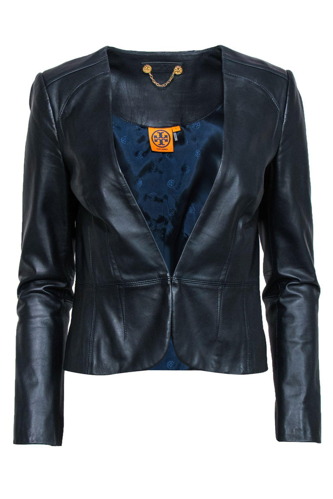 Tory Burch - Black Smooth Leather Plunge Jacket Sz 2 – Current Boutique