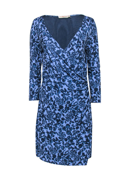 Plunging Neck Faux Wrap Floral Print 3/4 Sleeves Dress