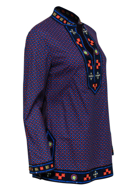 Tory Burch - Blue & Orange Printed Long Sleeve Tunic w/ Beaded Trim Sz –  Current Boutique