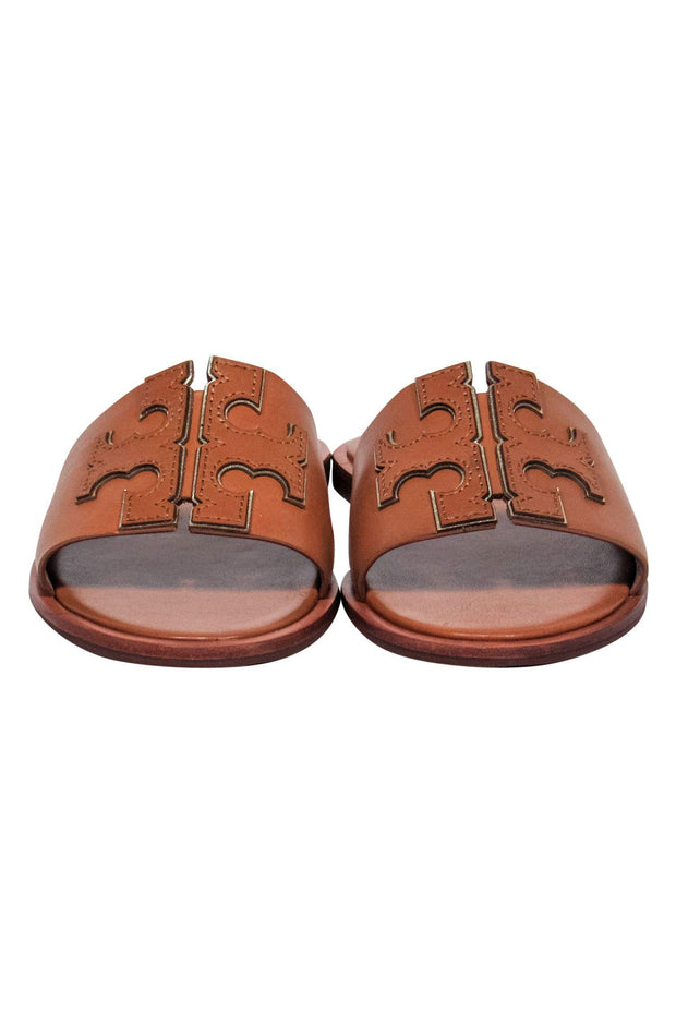 Tory Burch - Brown Leather Slide Sandals w/ Logo Sz  – Current Boutique