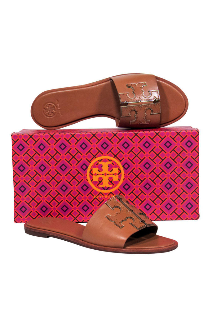 Tory Burch - Brown Leather Slide Sandals w/ Logo Sz  – Current Boutique