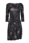 Long Sleeves Bateau Neck Animal Cheetah Print Stretchy Pleated Dropped Waistline Rayon Dress