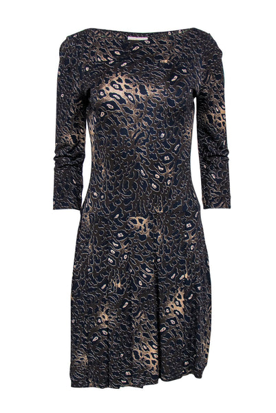 Pleated Stretchy Dropped Waistline Long Sleeves Bateau Neck Rayon Animal Cheetah Print Dress