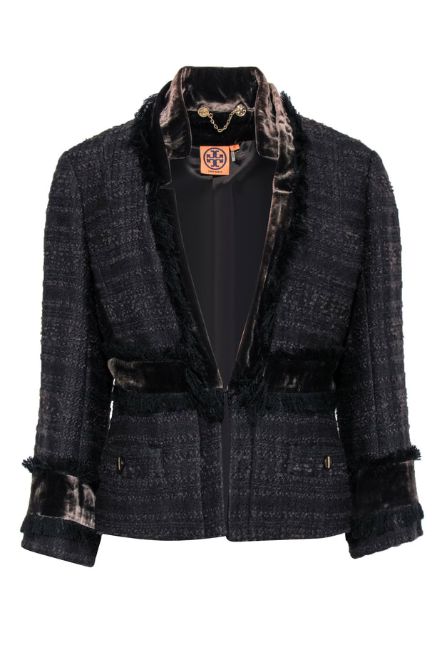 Tory Burch - Brown Tweed Fringed Jacket w/ Velvet Sz 10 – Current Boutique