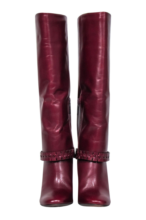 Tory Burch - Burgundy Leather Heeled Knee High Boots w/ Braided Trim S –  Current Boutique