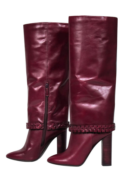 Tory Burch - Burgundy Leather Heeled Knee High Boots w/ Braided Trim S –  Current Boutique