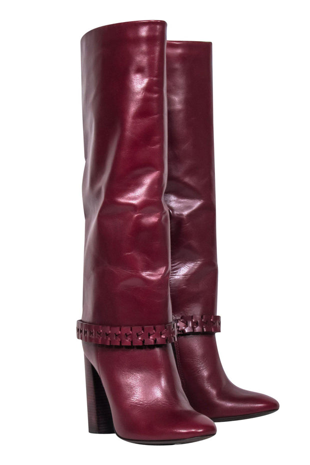 Tory Burch - Burgundy Leather Heeled Knee High Boots w/ Braided Trim S –  Current Boutique