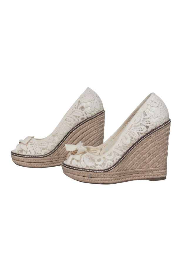 Tory Burch - Cream Eyelet Lace Espadrille Wedges Sz 6 – Current Boutique