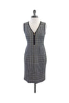 V-neck Leather Trim Dog Houndstooth Print Slit Hidden Side Zipper Dress