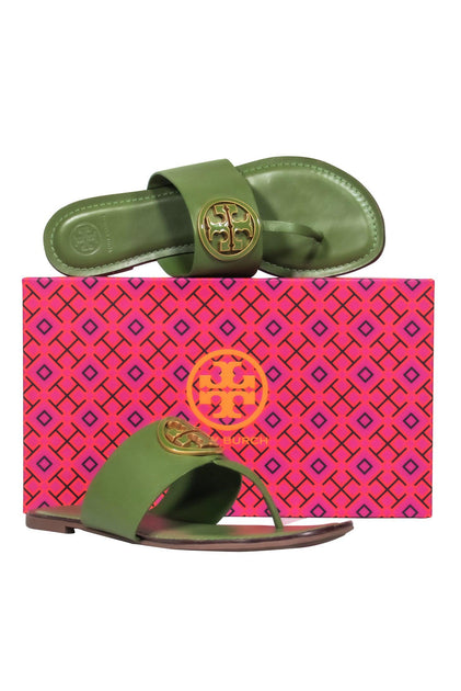 Tory Burch – Green Leather Thong Flat Sandals Sz  – Current Boutique