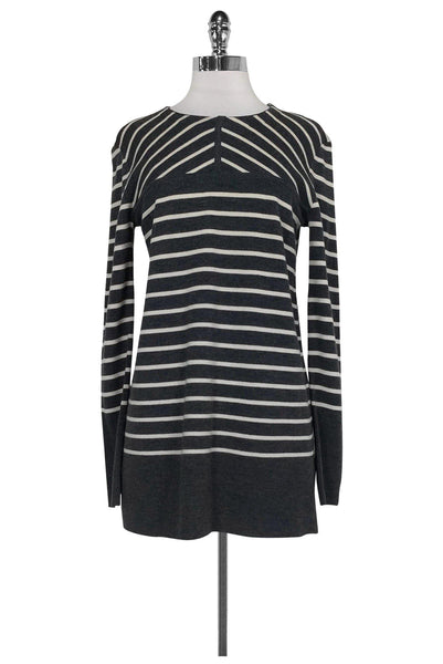 Long Sleeves Sweater Wool Striped Print Slit Round Neck Tunic