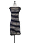 Sleeveless Bateau Neck Fitted Striped Print Silk Dress