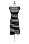 Silk Striped Print Bateau Neck Sleeveless Fitted Dress