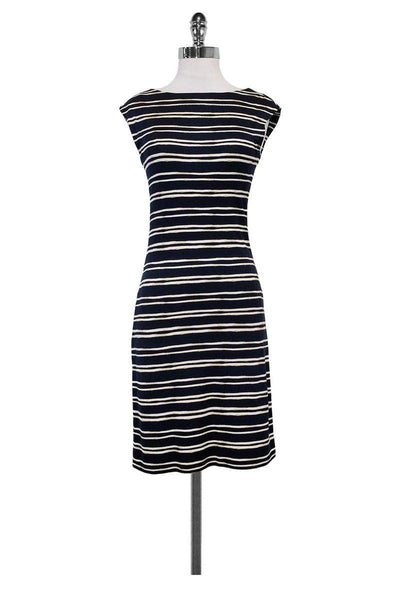Silk Striped Print Bateau Neck Fitted Sleeveless Dress