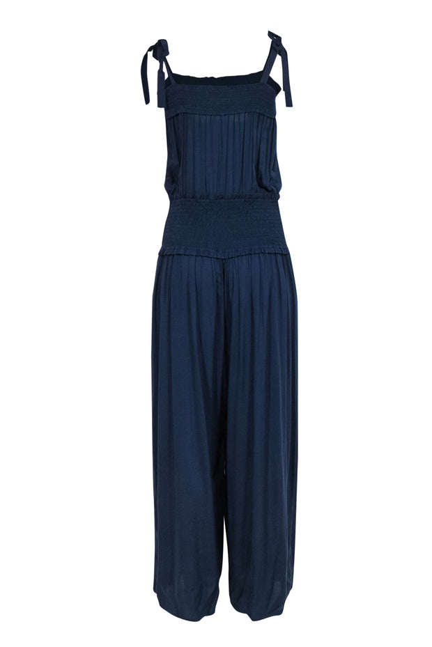 Tory Burch - Navy Wide Leg Smocked Waist Tie Strap Jumpsuit Sz L – Current  Boutique