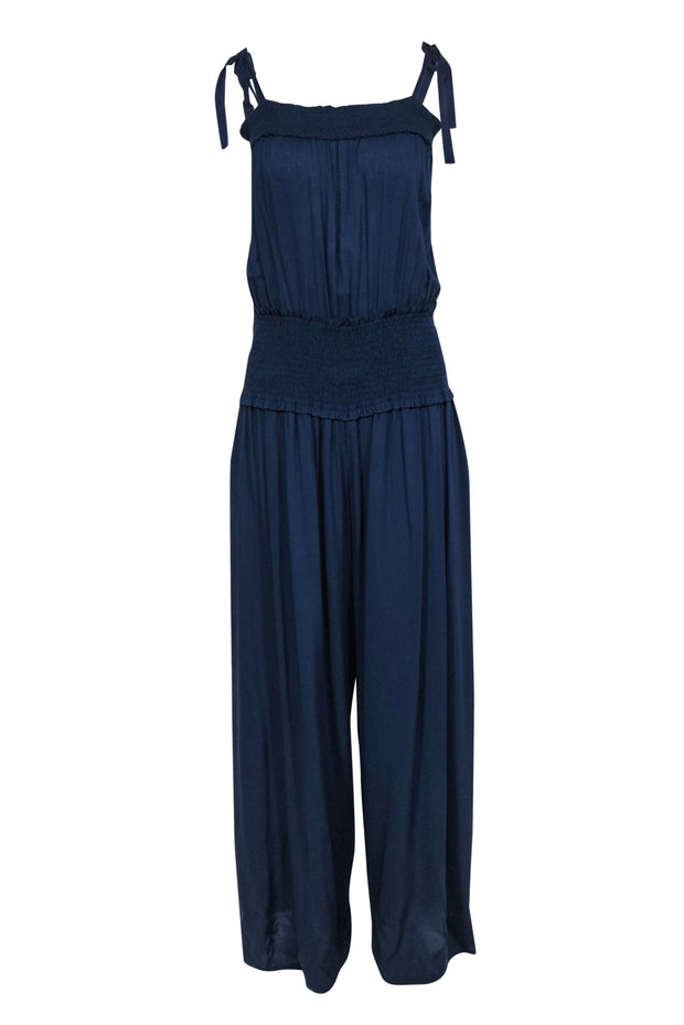 Tory Burch - Navy Wide Leg Smocked Waist Tie Strap Jumpsuit Sz L – Current  Boutique