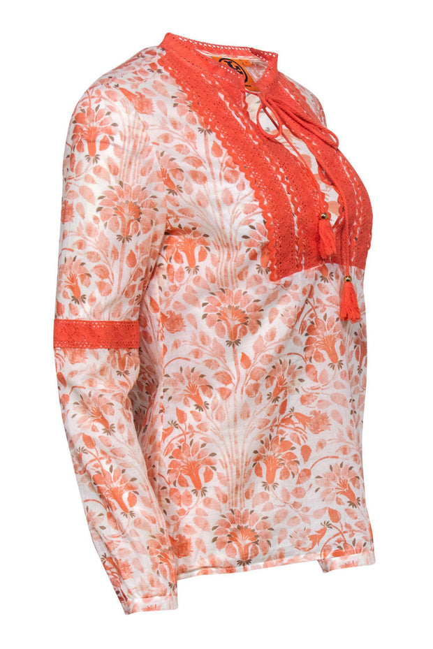 Tory Burch - Orange & Cream Floral Print Long Sleeve Blouse w/ Embroid –  Current Boutique