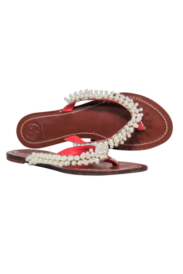 Tory Burch - Pink & White Printed Thong Sandals w/ Pearl Embellishment –  Current Boutique