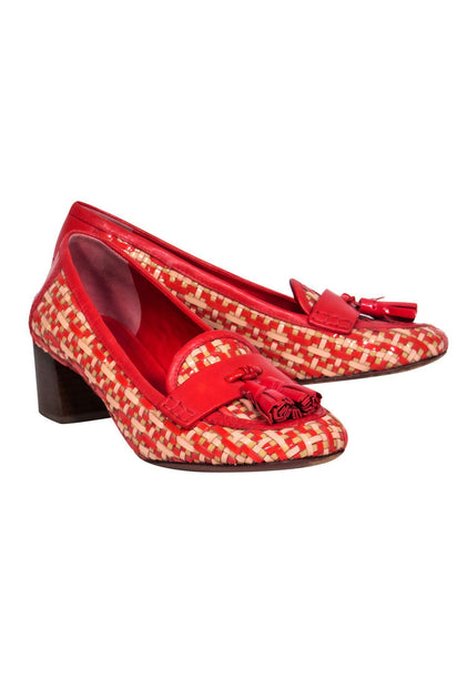 Tory Burch - Red & Beige Woven Block Heel Tassel Heels Sz 9 – Current  Boutique