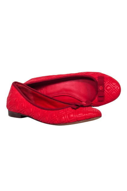 Tory Burch - Red Quilted Leather Ballet Flats w/ Logo Embellished Bow –  Current Boutique