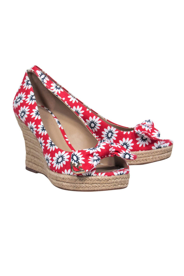 Tory Burch - Red & White Floral Print Peep Toe Woven Wedges Sz 10 – Current  Boutique