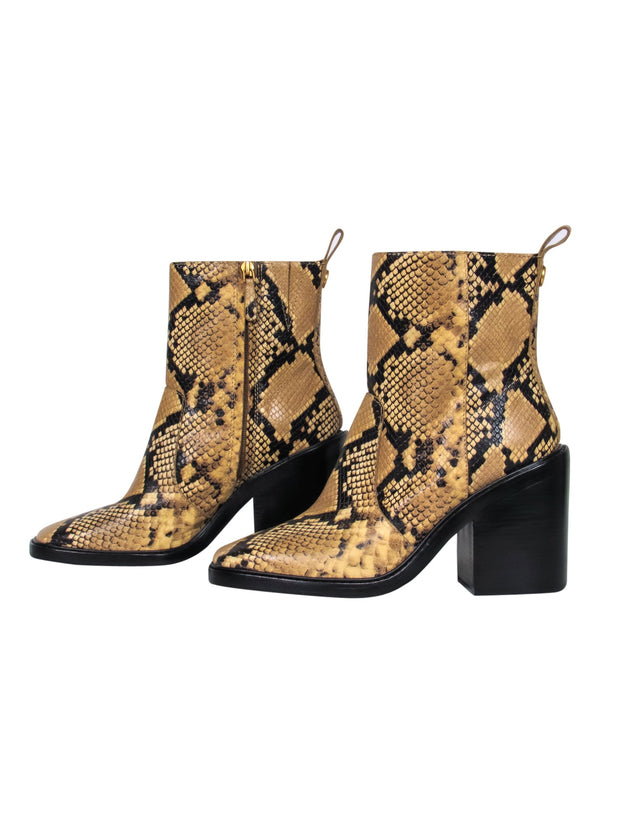 Tory Burch - Tan & Black Snakeskin Embossed Mid-Calf Heeled Booties Sz –  Current Boutique