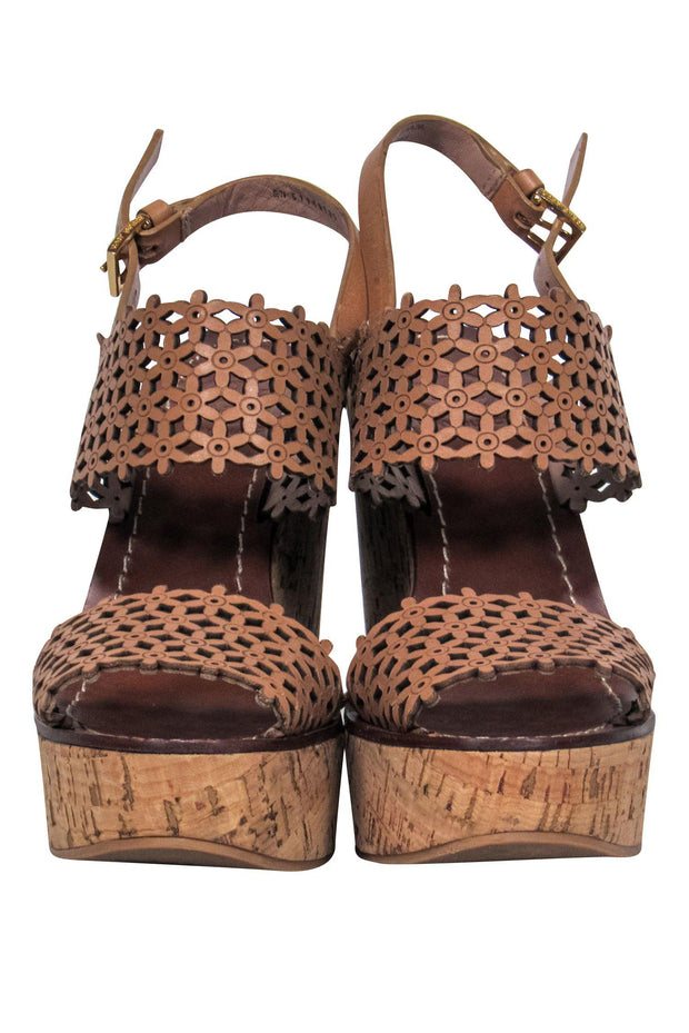 Tory Burch - Tan Floral Laser Cut Strappy Cork Wedges Sz 5 – Current  Boutique