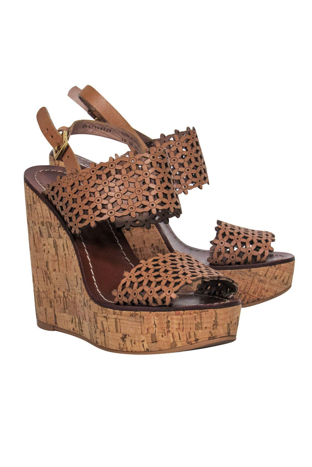 Tory Burch - Tan Floral Laser Cut Strappy Cork Wedges Sz 5 – Current  Boutique