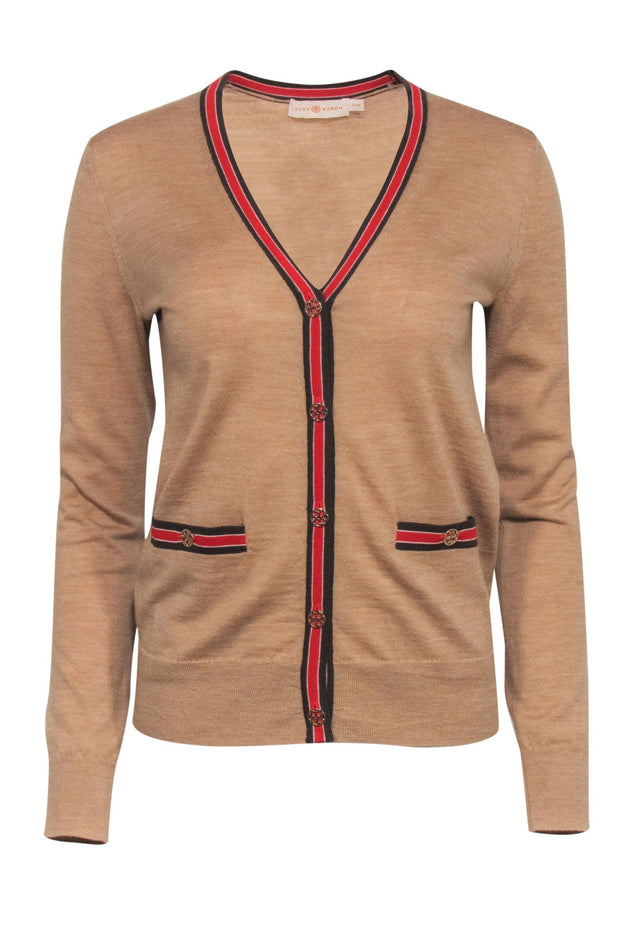 Tory Burch - Tan Merino Wool Cardigan w/ Striped Trim & Logo Buttons S –  Current Boutique