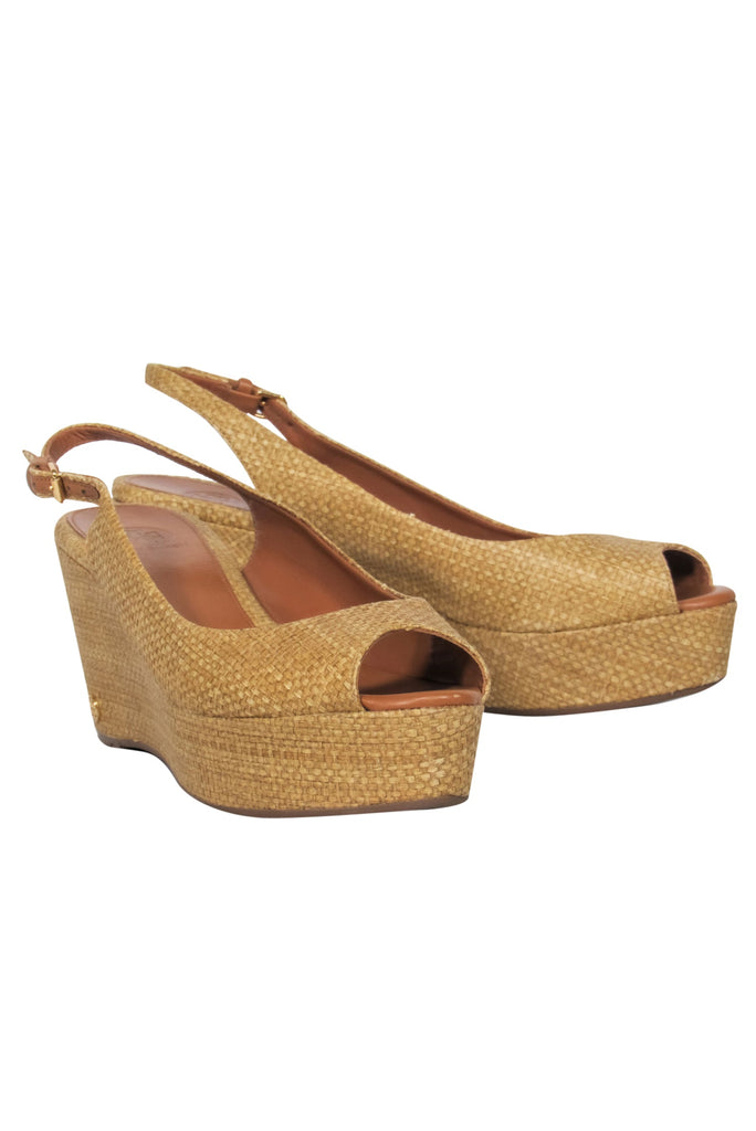 Tory Burch - Tan Woven Slingback Peep Toe Platform Wedges Sz  – Current  Boutique