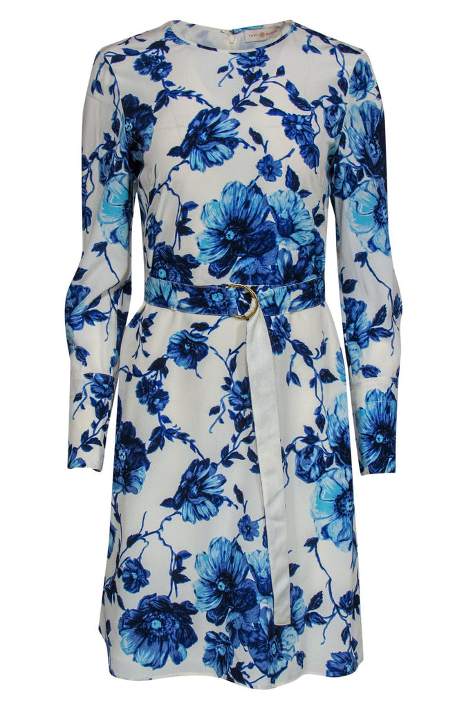 Tory Burch - White & Blue Floral Print Silk Sheath Dress w/ Belt Sz 6 –  Current Boutique