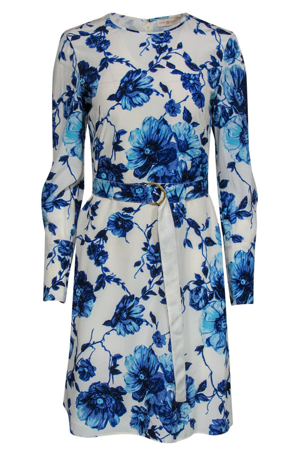 Tory Burch - White & Blue Floral Print Silk Sheath Dress w/ Belt Sz 6 –  Current Boutique