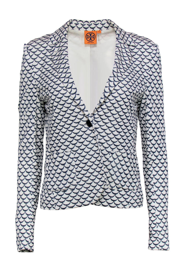 Tory Burch - White & Navy Scalloped Printed Blazer Sz M – Current Boutique