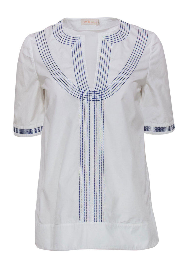 Tory Burch - White Short Sleeve Blouse w/ Navy Embroidery Sz 4 – Current  Boutique