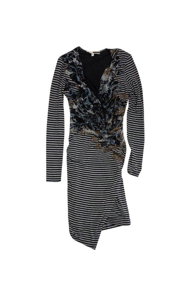 V-neck Long Sleeves Striped Floral Print Ruched Dress