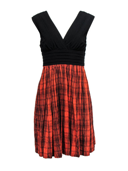 Plunging Neck Flared-Skirt Plaid Print Ruched Pleated Party Dress