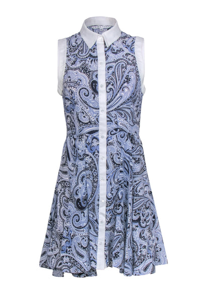 A-line Paisley Print Collared Button Front Silk Shirt Dress