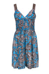 V-neck Side Zipper Fitted Smocked Thick Straps Summer Elasticized Waistline Paisley Print Silk Dress
