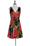 V-neck Floral Print Flared-Skirt Pleated Pocketed Hidden Back Zipper Dress